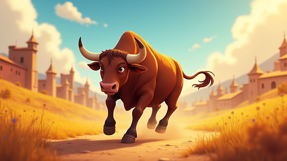 Geanimeerde stier die door een kleurrijk Spaans landschap rent.
