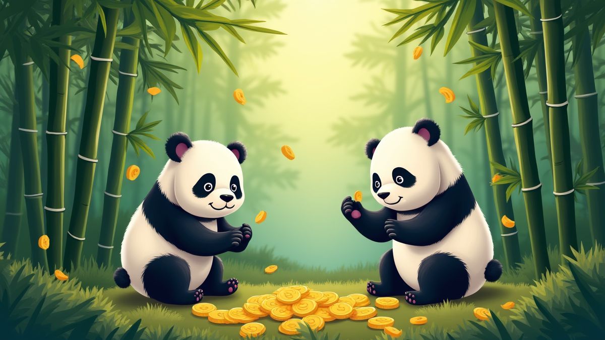 Pandas em um bosque de bambu com moedas douradas.
