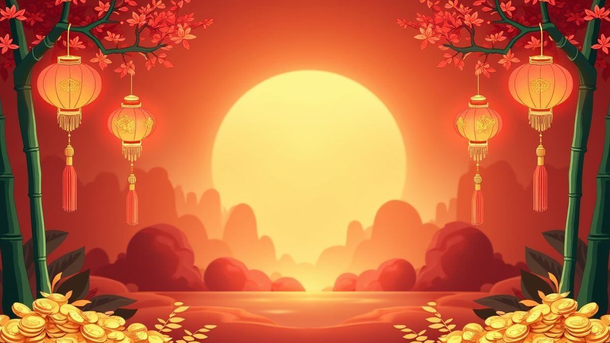 Ilustração festiva com tema chinês, lanternas e moedas de ouro.