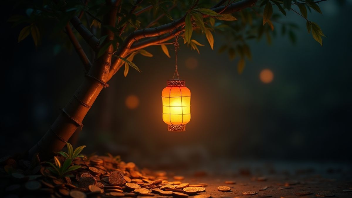 Bright lantern hanging from a bamboo with golden coins underneath.