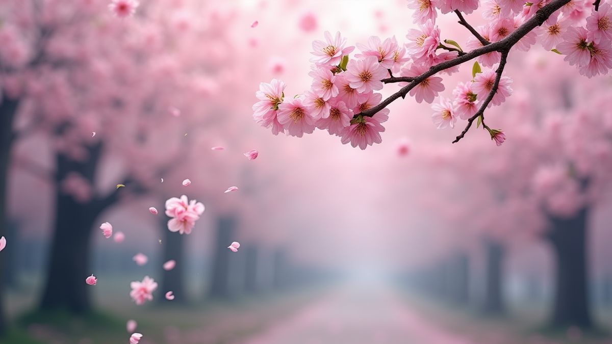 Cherry tree with petals falling in a calm atmosphere.