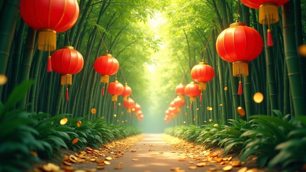 Forêt de bambou vibrante avec des lanternes rouges et des pièces dorées.