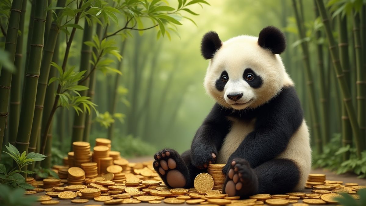 Panda assis sous un arbre de bambou entouré de pièces et de trésors.