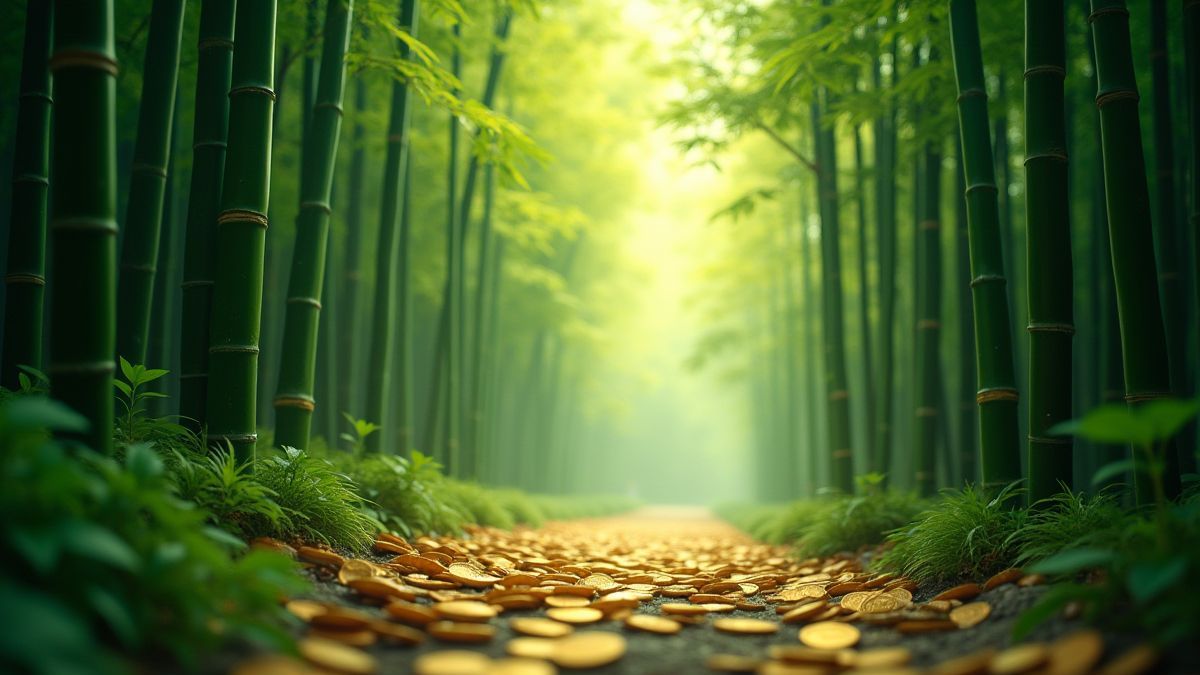 Forêt de bambou avec des pièces d'or.