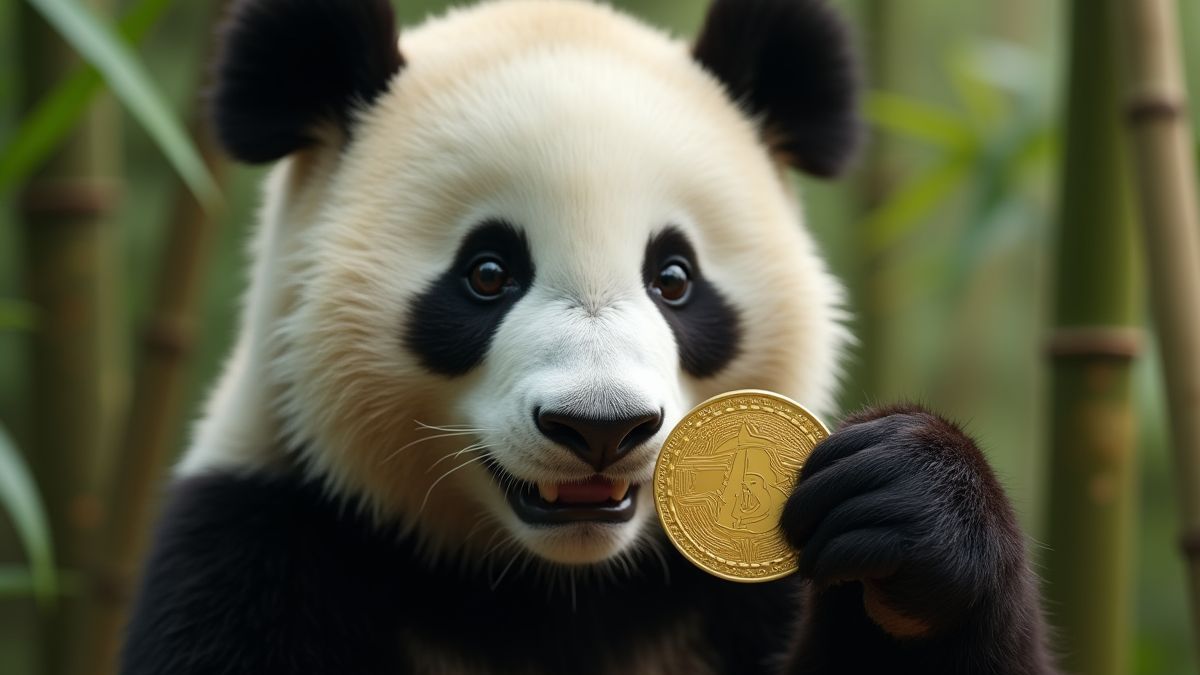 Panda tenant une pièce d'or.