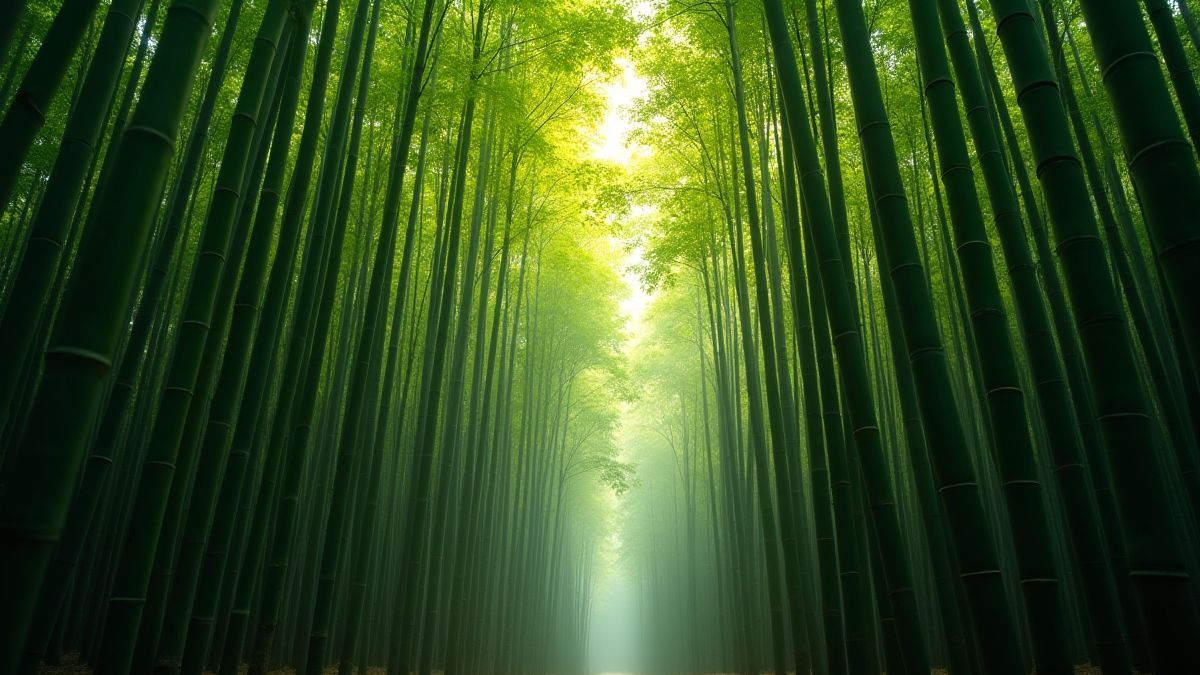 Bosque de bambu pintoresco com luz solar filtrando