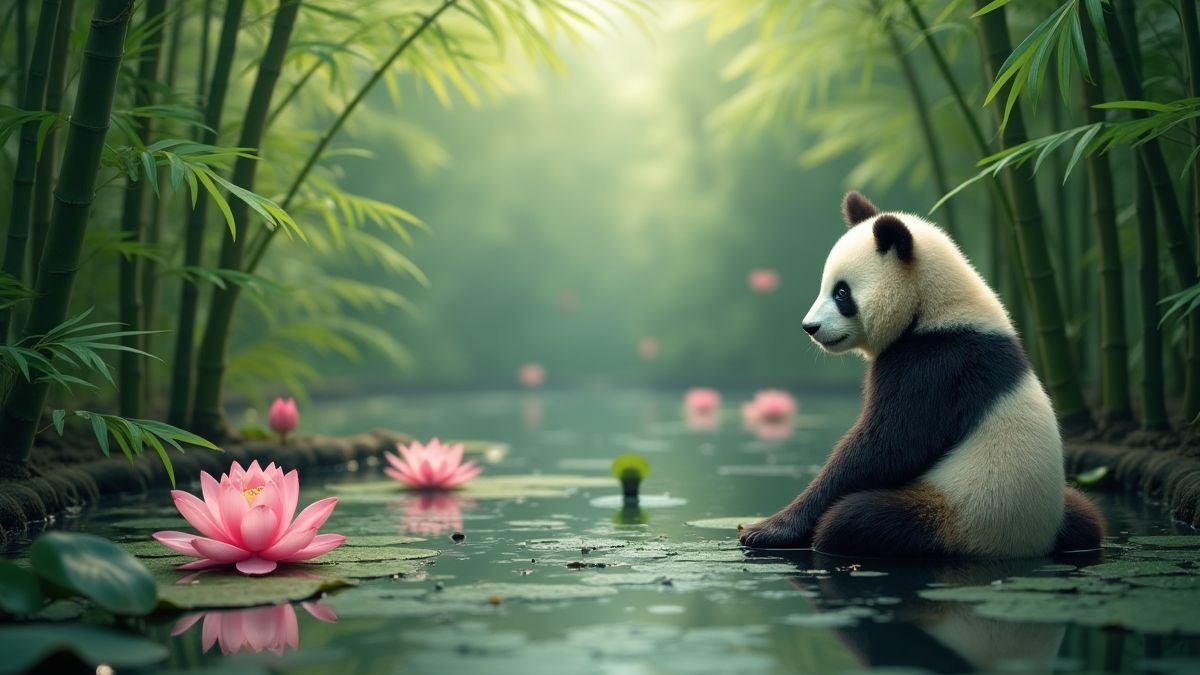 Estanque de loto sereno rodeado de bambu com um panda próximo
