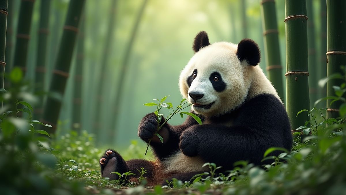 A bamboo forest with pandas eating peacefully.