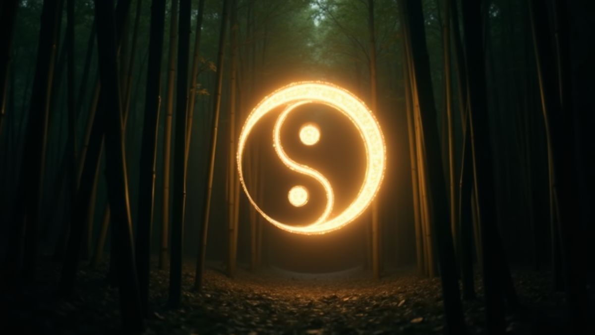 A Ying-Yang symbol glowing in an oriental bamboo forest.