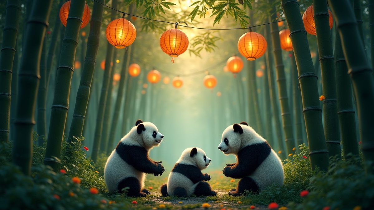 Pandas spielen in einem mit Laternen geschmückten Bambuswald.