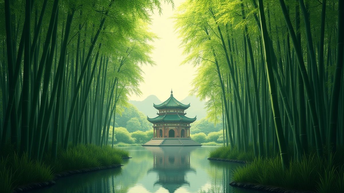 Ein Bambuswald mit einem chinesischen Tempel im Hintergrund.
