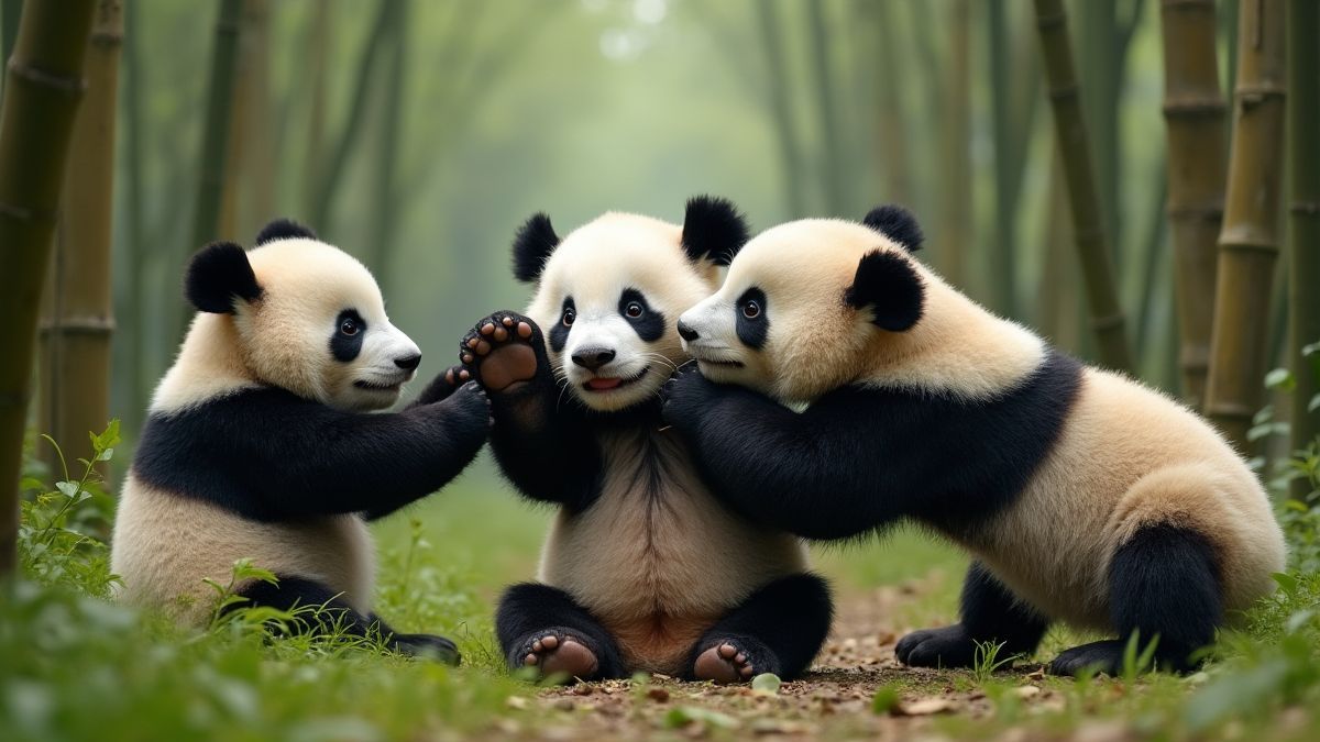 Pandas, die in einem Bambusfeld spielen.