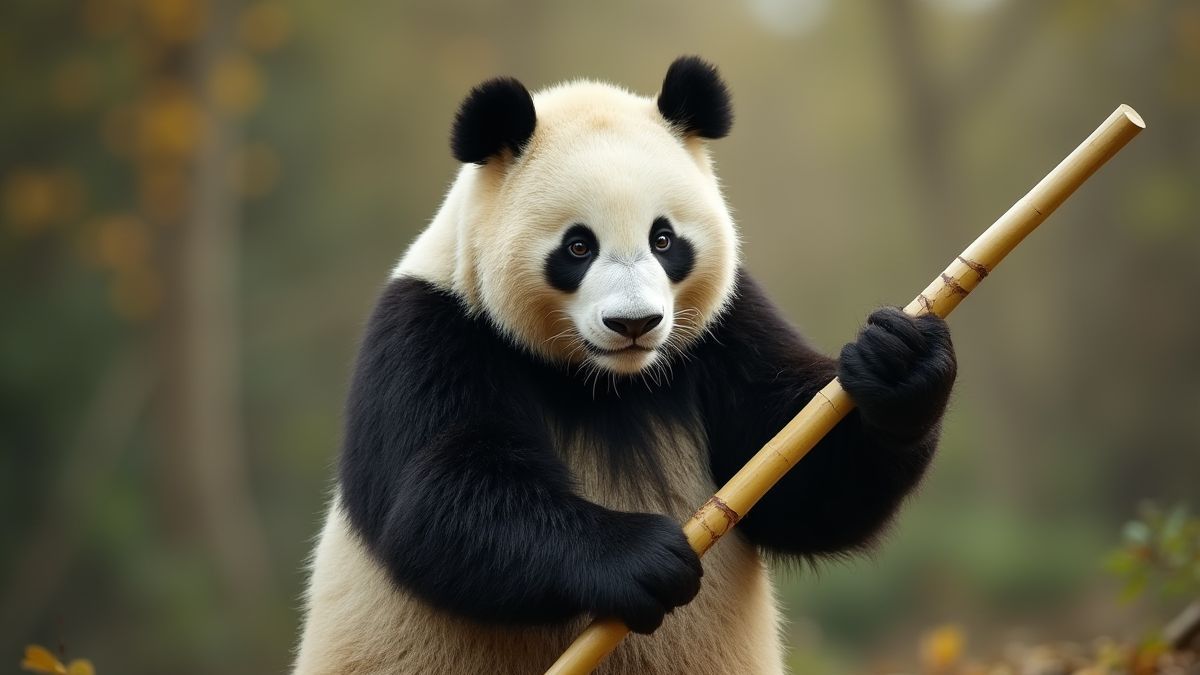 Panda, der mit einem Bambusstab Kampfsport übt.