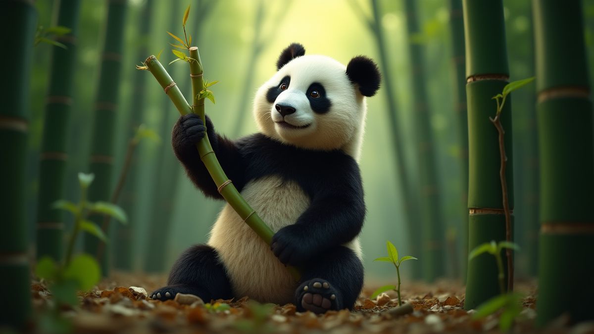 Ein Panda, der in einem Bambuswald spielt.