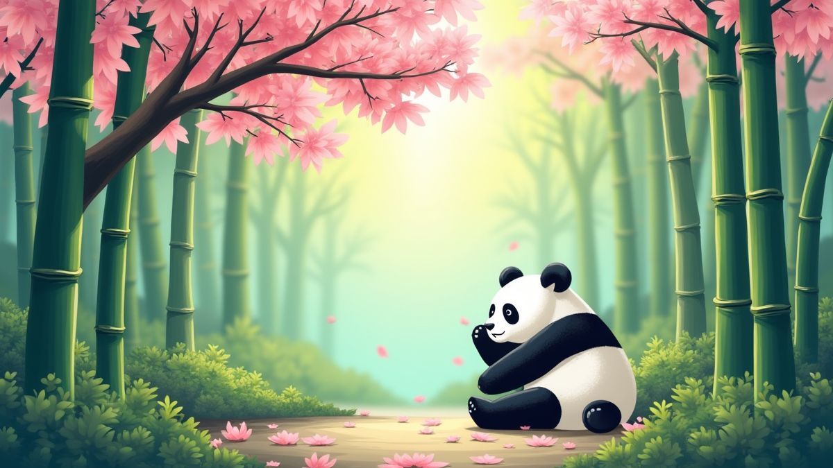 Panda relaxando em um bosque de bambu.