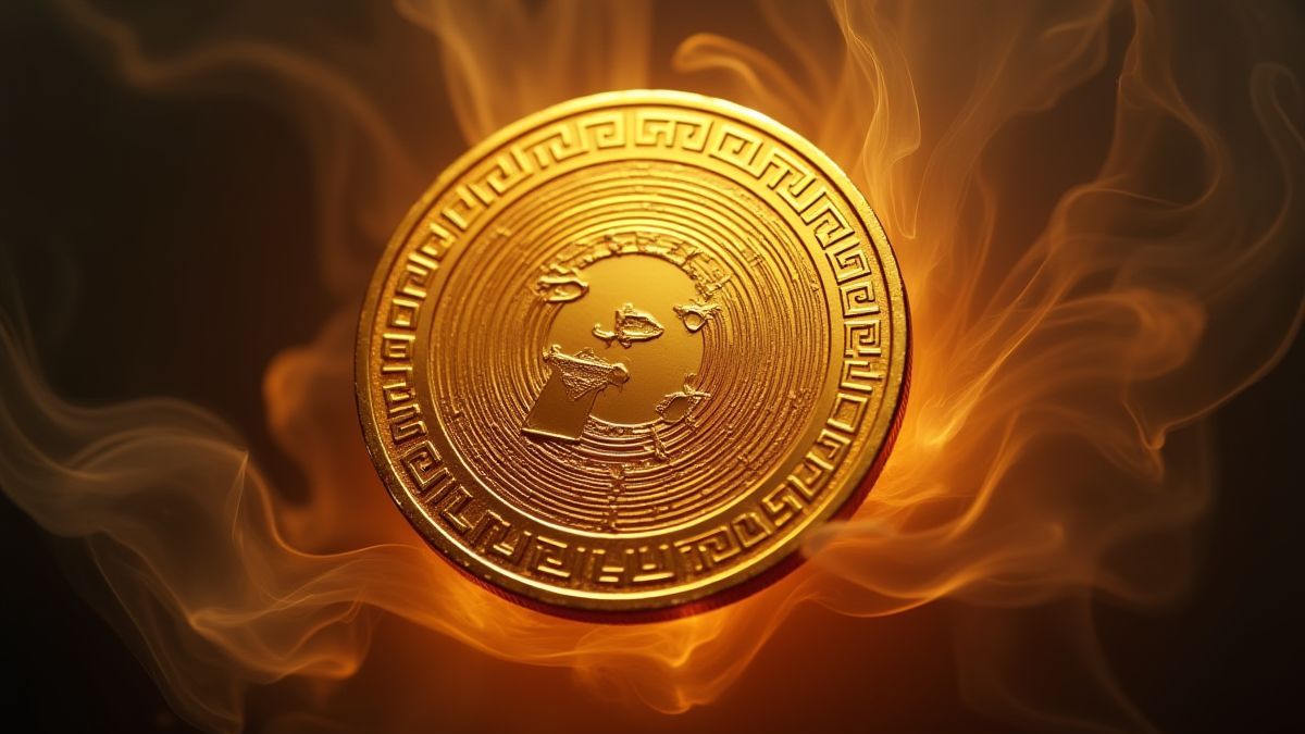 Golden coin with Greek patterns wrapped in mystical smoke.