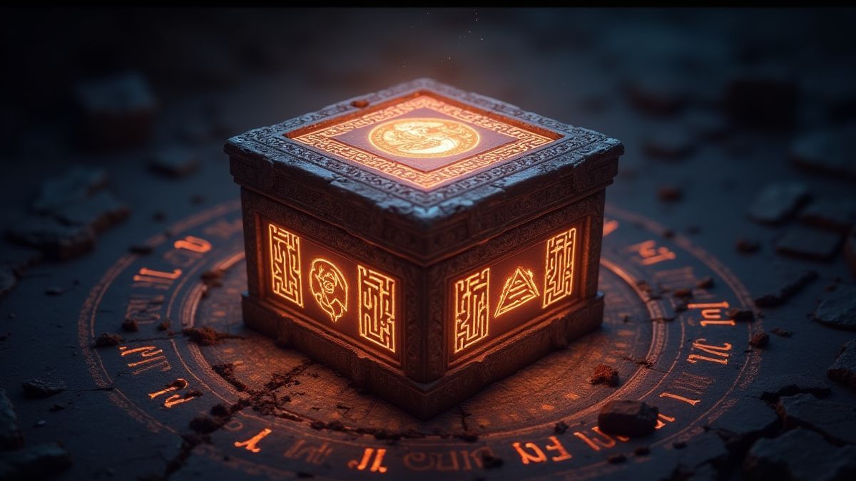 Eine leuchtende Box umgeben von alten griechischen Symbolen.