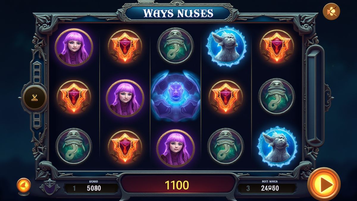 Digitale Schnittstelle, die einen Spielautomaten mit mystischen Symbolen zeigt.