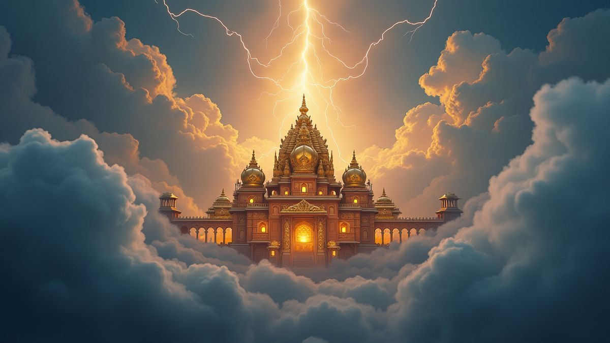 Templo dorado rodeado de nubes y rayos.