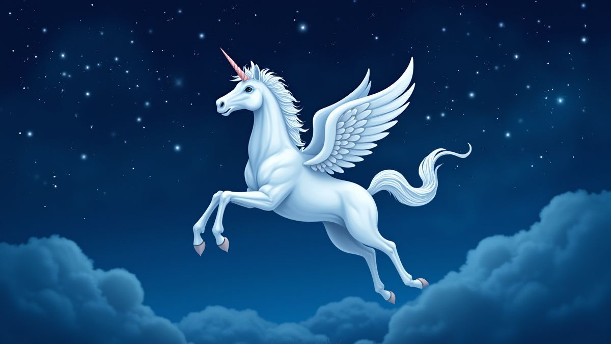 Pegasus volando a través de un cielo estrellado.