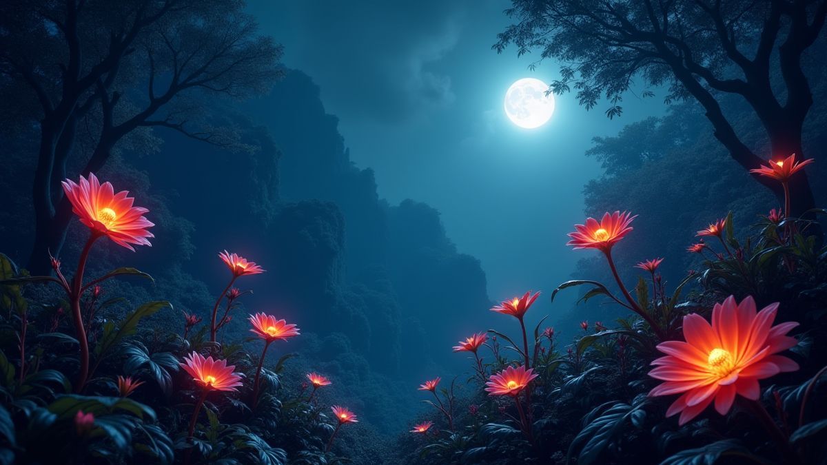 Exotic flowers illuminated by moonlight in a nighttime jungle