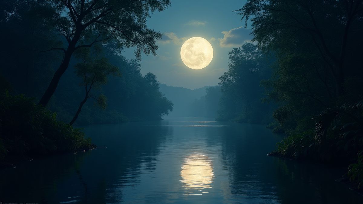 Full moon reflected in a river surrounded by tropical vegetation