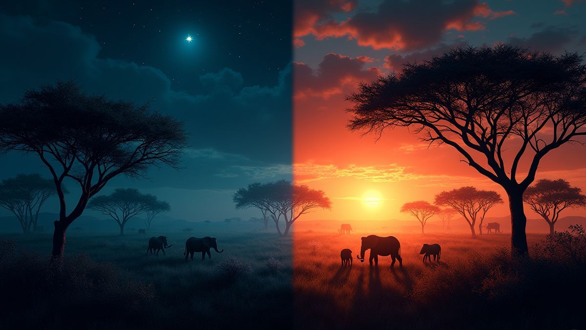 Comparison between nighttime jungle and sunny African savanna