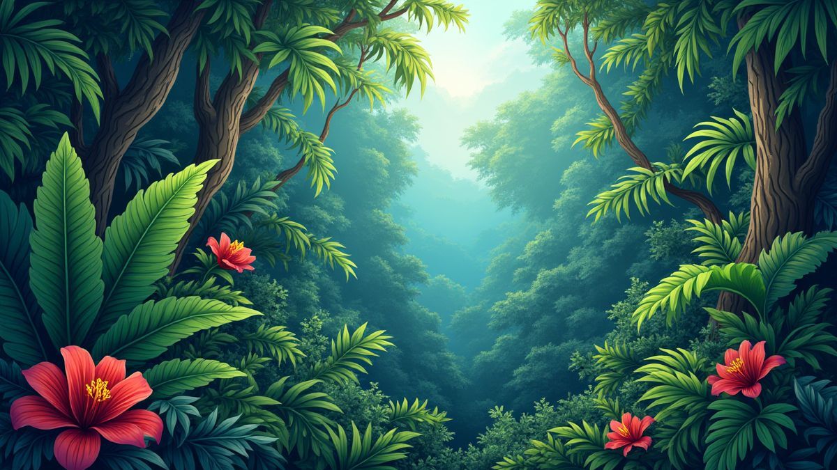 Een levendig Amazonewoud met planten en exotische dieren.