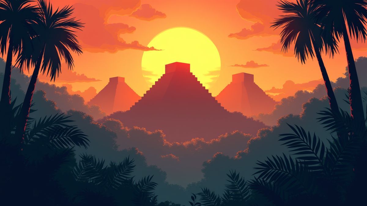 Oude piramides omringd door vegetatie onder een stralende zonsondergang.