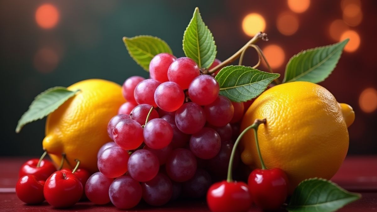 Vibrant fruits in a retro casino setting.