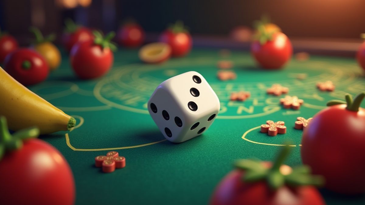 Dice rolling on a casino table with fruit symbols.