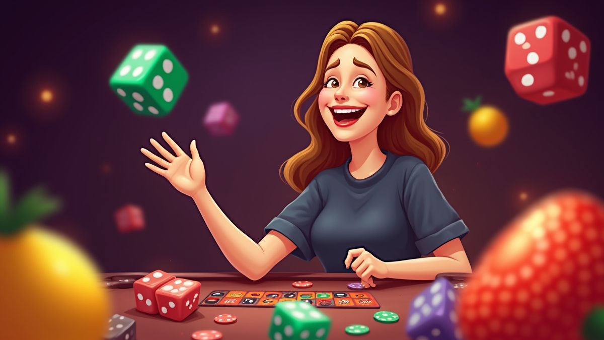 Happy player in a casino environment with fruits and dice.