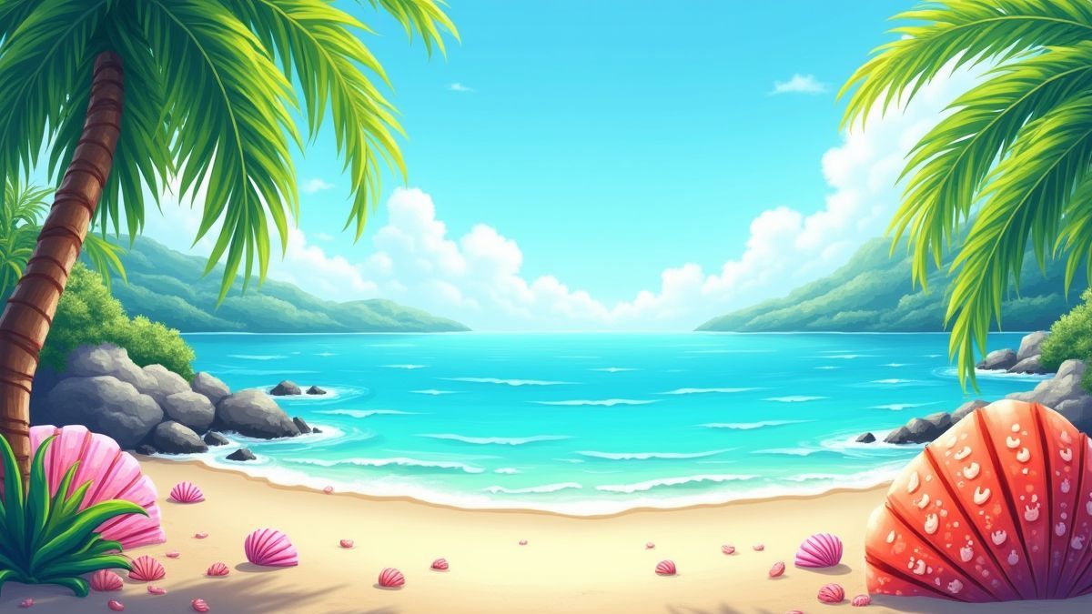 Uma cena tropical colorida com palmeiras e conchas do mar.