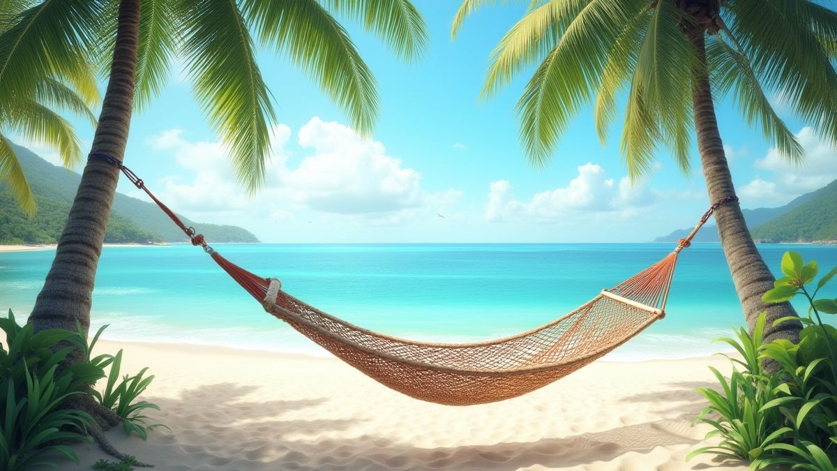 Uma praia tranquila com uma rede e ondas suaves.