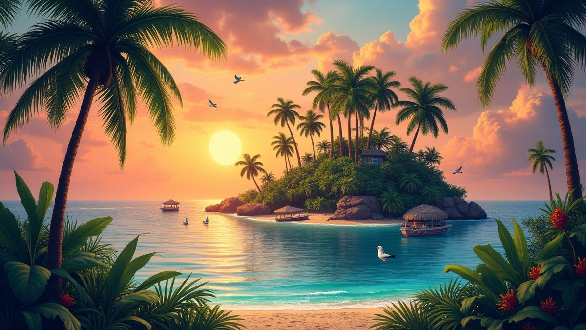 Uma ilha tropical ao atardecer com aves coloridas e palmeiras.