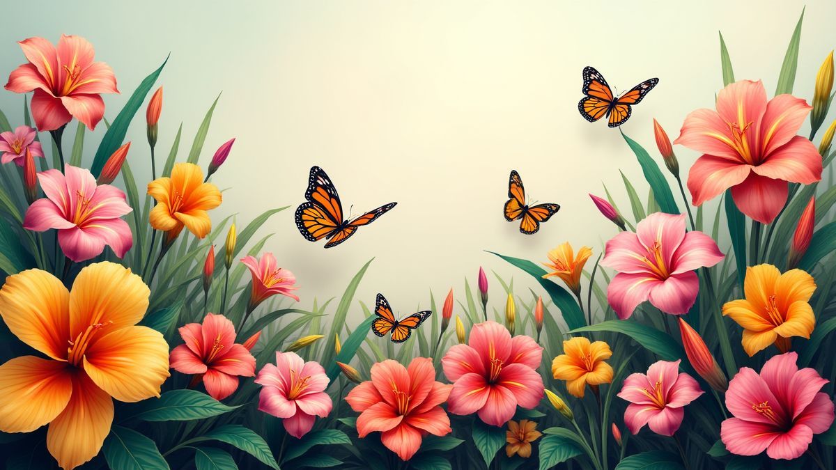 Flores tropicais coloridas com mariposas sobrevoando.