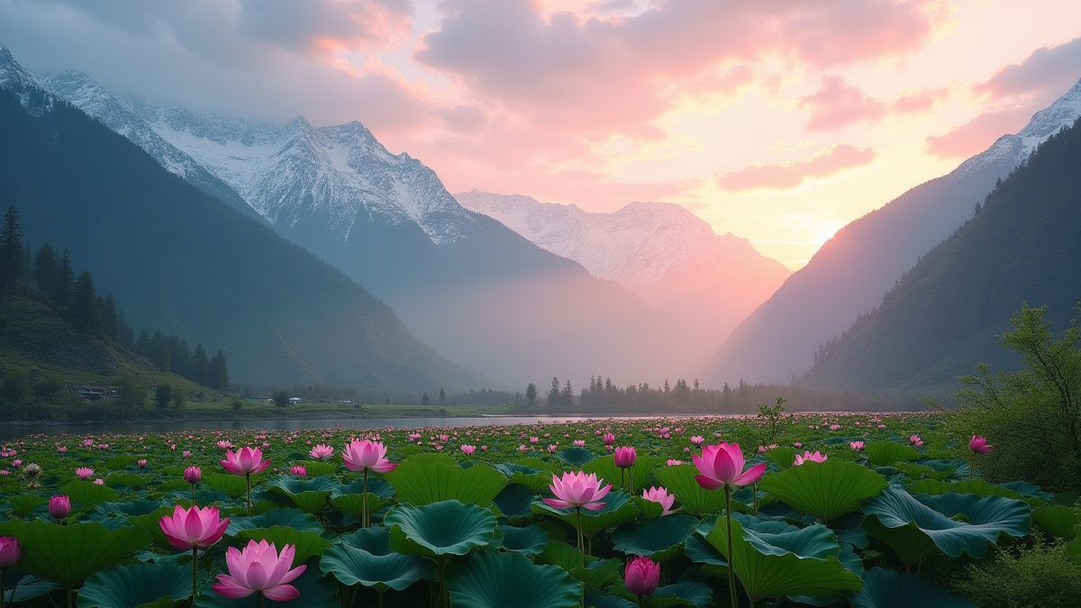 Een vallei in de Himalaya tijdens zonsopgang met besneeuwde bergen en lotus bloemen.