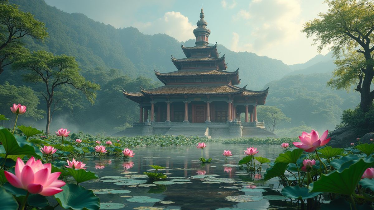 Een boeddhistische tempel omgeven door bloeiende lotus bloemen.