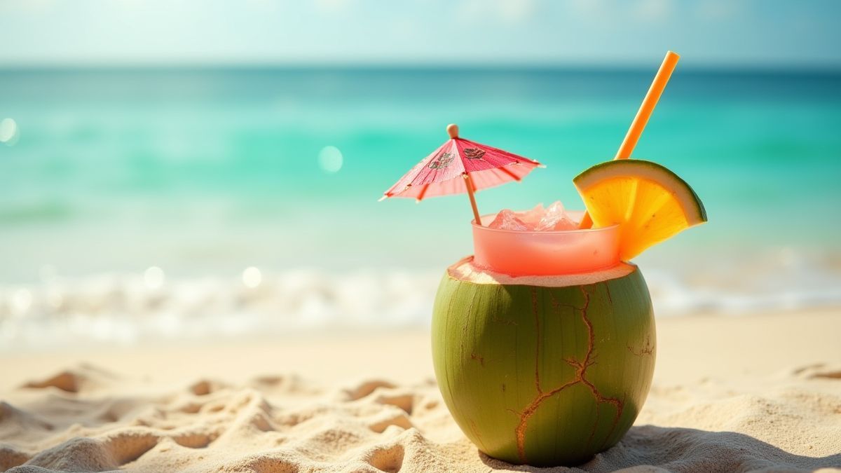 Cóctel tropical servido en un coco en la playa.