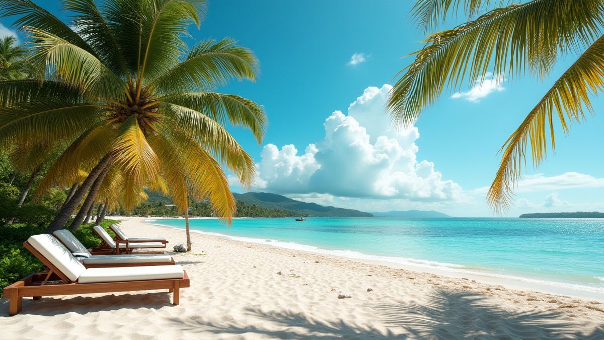Resort tropical con tumbonas y palmeras.