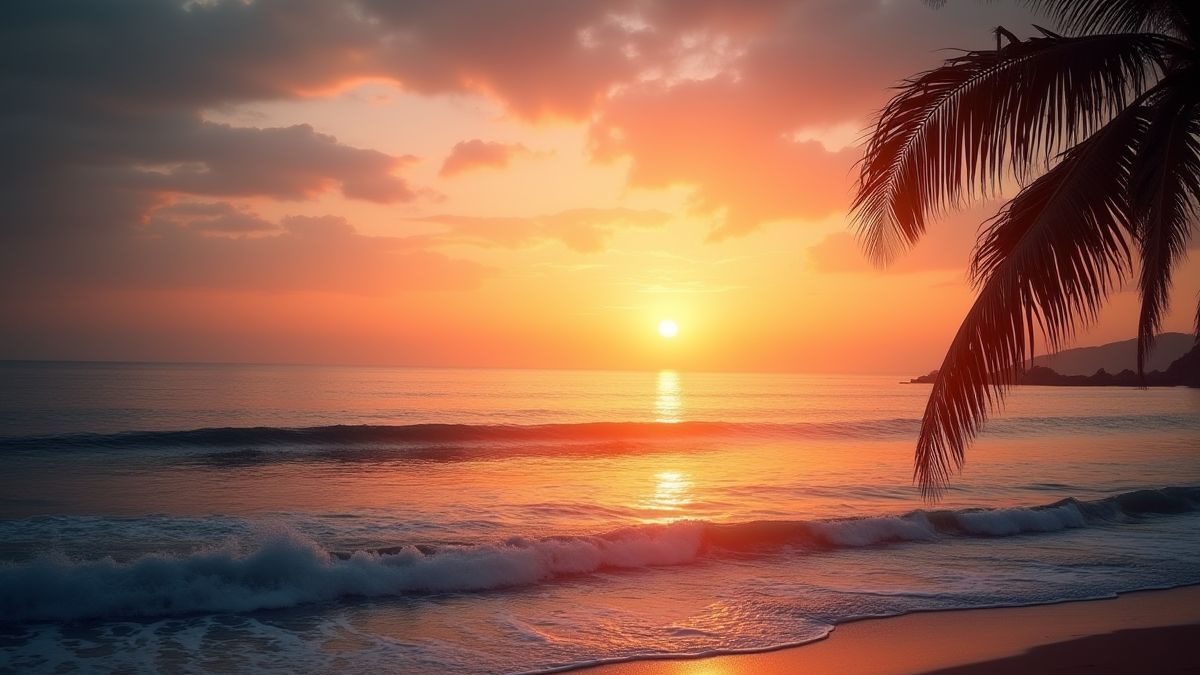 Vista de atardecer sobre el océano con una palmera.