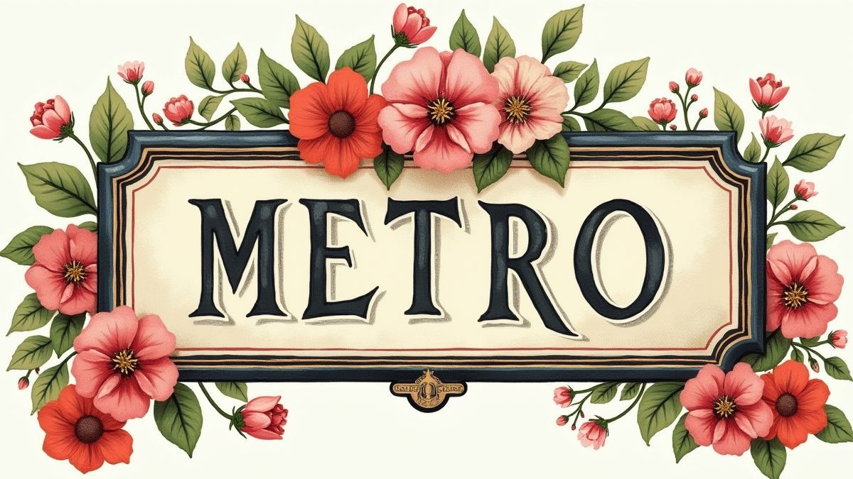 Cartel del Metro de París rodeado de flores.