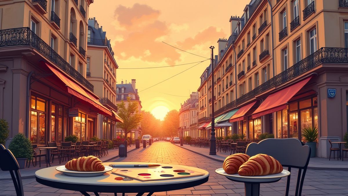 Straßen von Paris bei Sonnenuntergang mit Pariser Elementen.