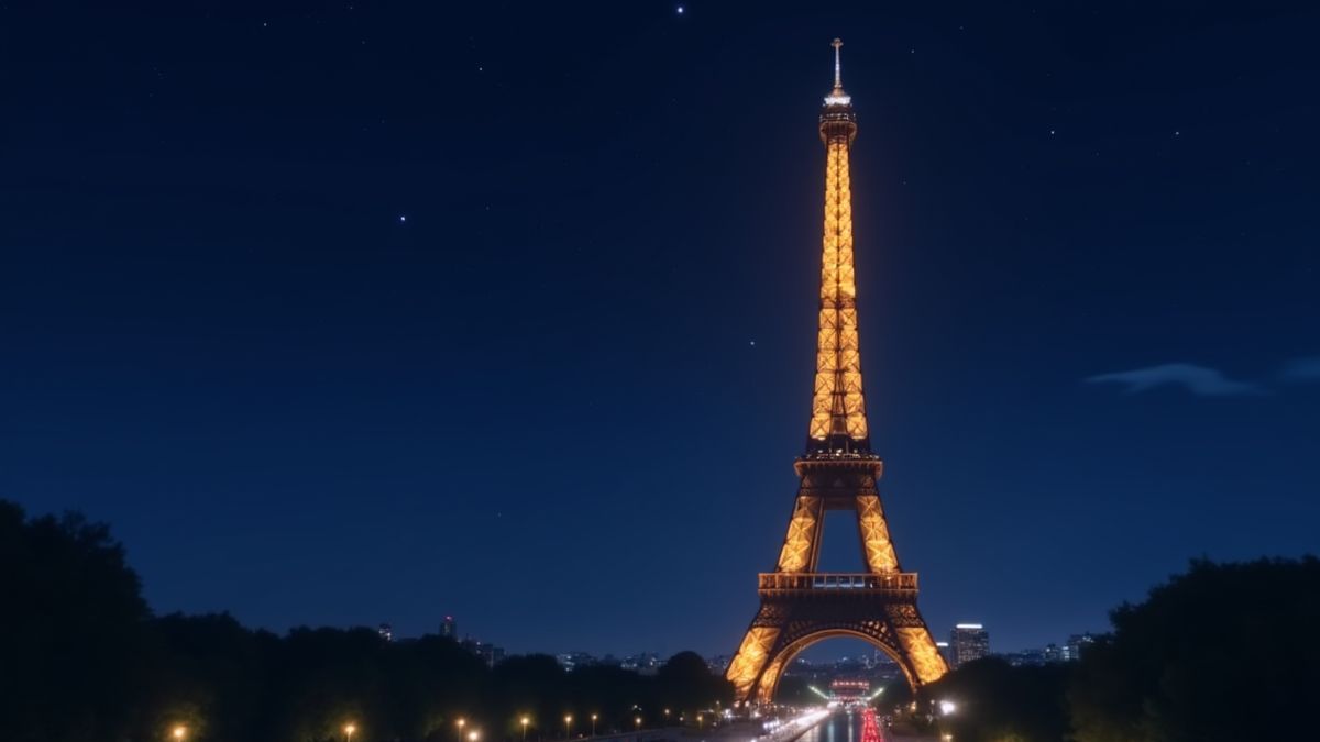 Der Eiffelturm beleuchtet bei Nacht.