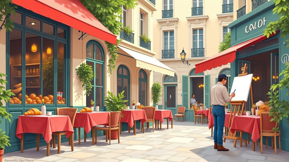 Pariser Café mit Croissants und einem Maler, der arbeitet.