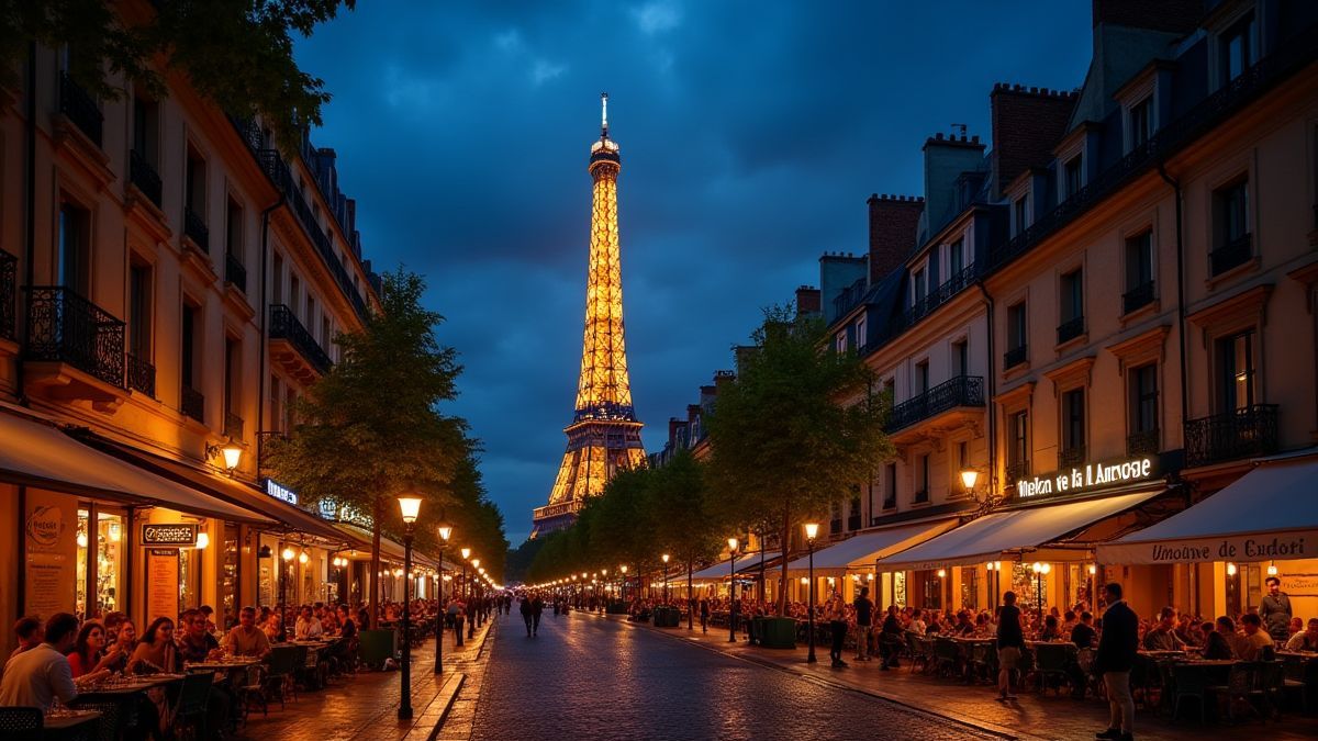 A Torre Eiffel iluminada por noite com ruas de paralelepípedos e cafés animados.