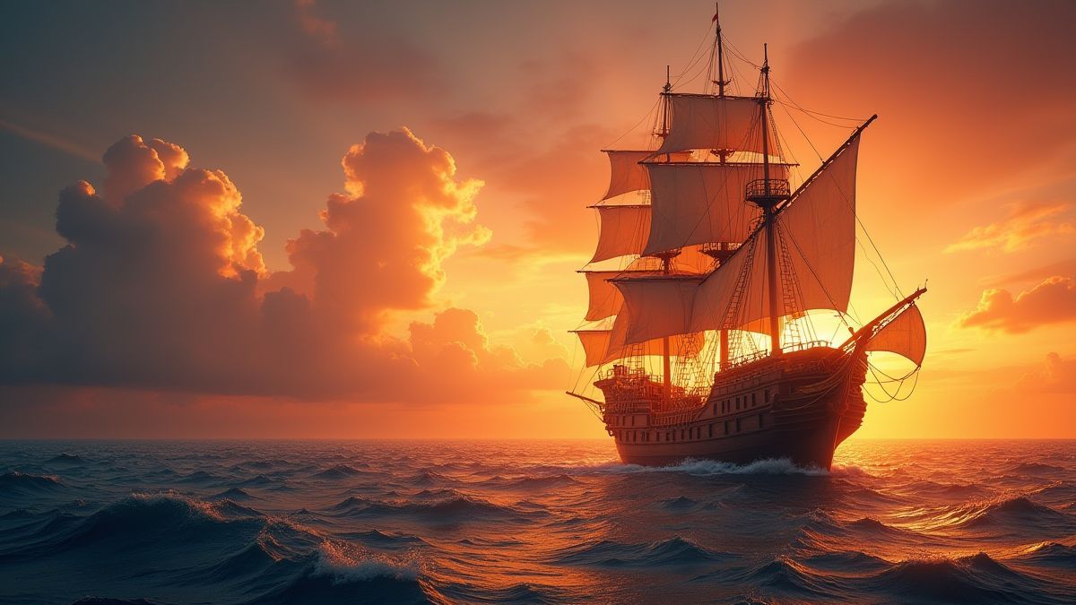 Un barco pirata navegando al atardecer con cofres del tesoro en la cubierta.