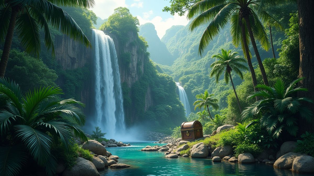 Una jungla tropical con cascadas y un cofre del tesoro escondido.