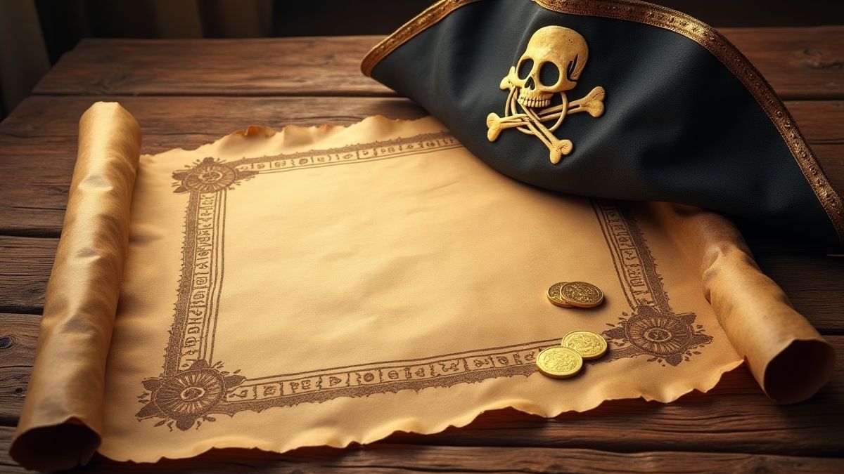 Un mapa del tesoro sobre una mesa de madera con monedas de oro y un sombrero pirata.