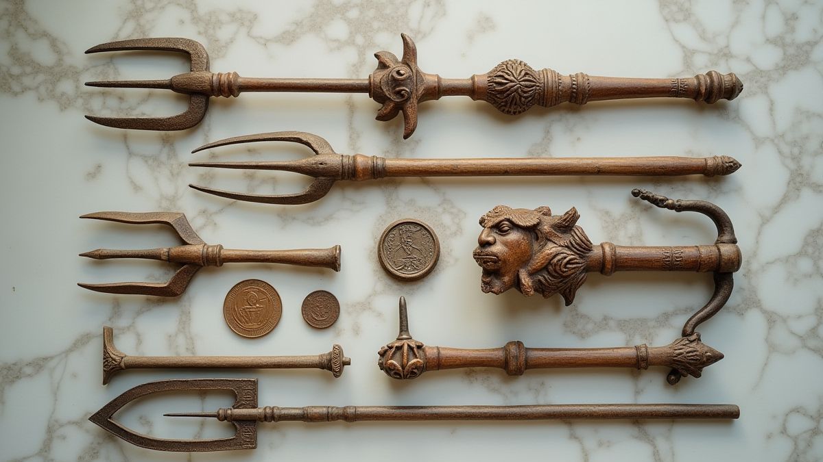 Artefacts griegos antiguos sobre una mesa de mármol.
